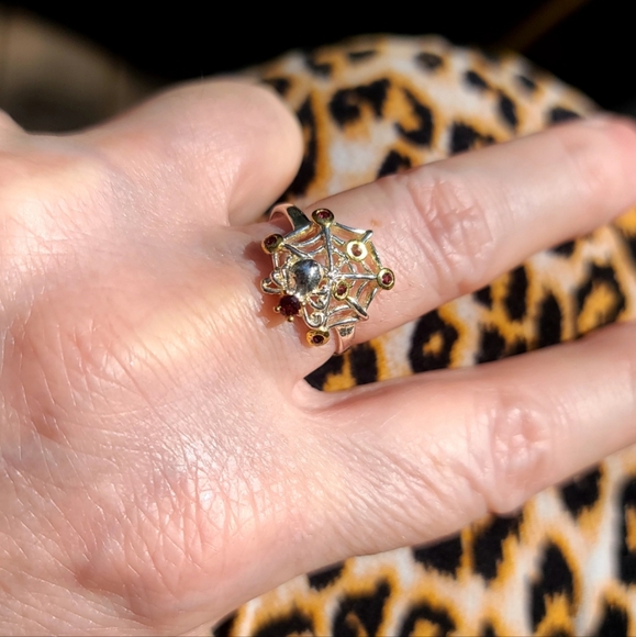 Red Tourmaline & Garnet sleek sterling spider 🕷 on 🕸 web ring sz 8 - Picture 12 of 14
